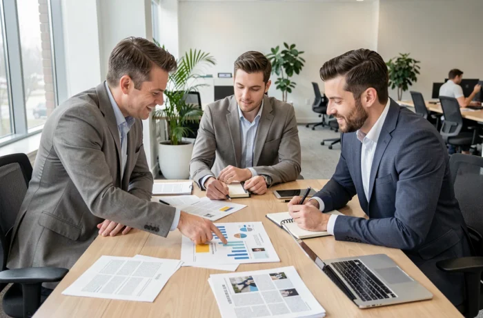 Groupe de collègues en réunion discutant des dernières tendances autour d'une table de travail moderne