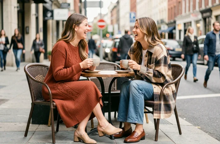 Deux amies stylées en tenues tendance automne assises en terrasse de café, robe en maille rouille et veste chemise écossaise