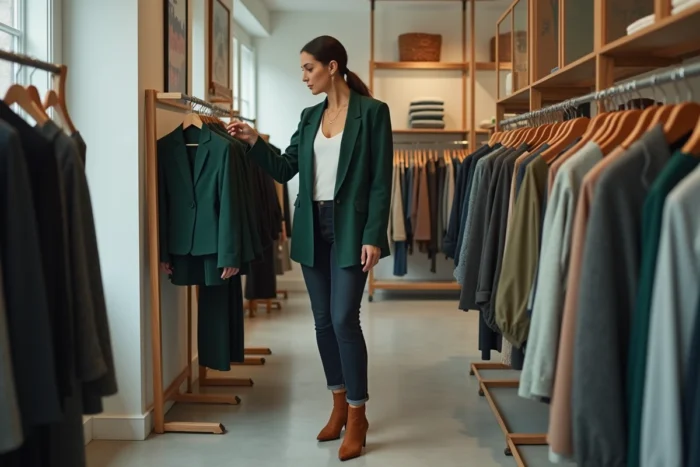 Femme en blazer vert et jean droit faisant du shopping dans une boutique de mode indépendante, inspirations style unique 2024