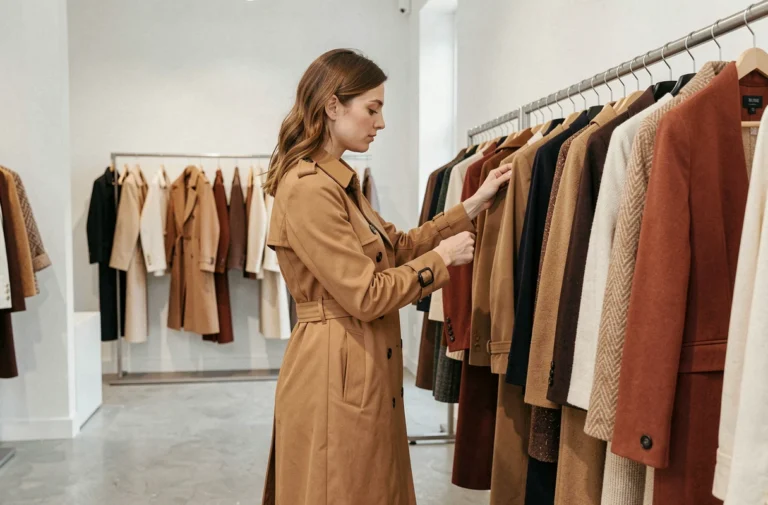 Femme élégante en trench-coat camel 2024 dans une boutique de mode minimaliste au style parisien