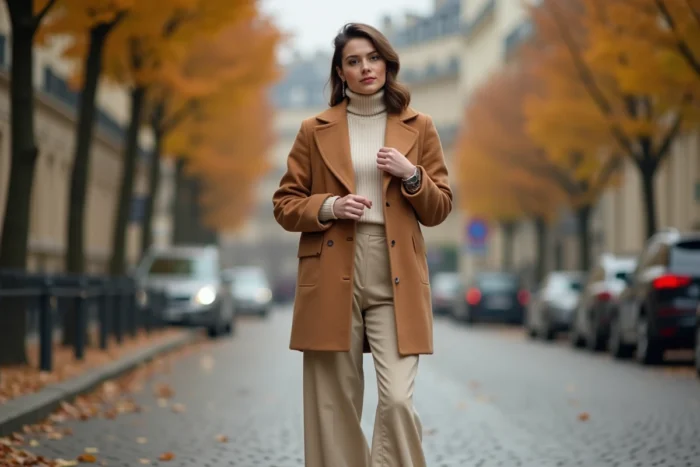 Femme élégante en manteau camel et pantalon large dans une rue pavée parisienne en automne, tendances mode femme 2024