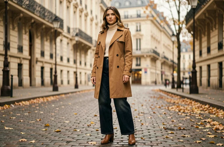 Femme élégante en trench coat camel et jean large dans une rue pavée parisienne en automne, illustrant les tendances mode de la saison