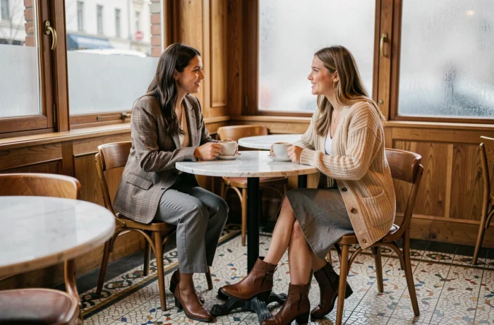 Deux femmes élégamment vêtues aux tendances mode de la saison discutent autour d'un café dans un bistrot parisien