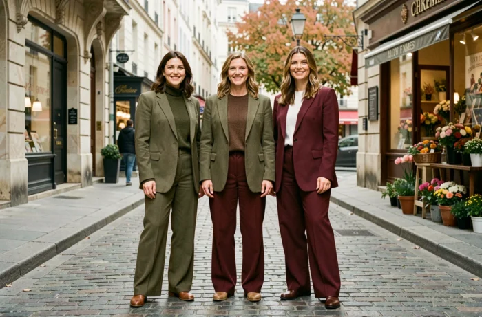 Groupe de femmes portant les tendances mode automne 2024 dans une rue pavée française