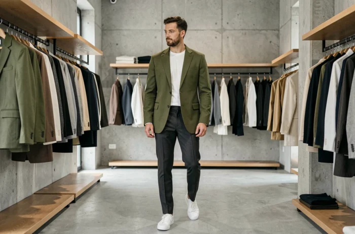 Homme stylé en blazer vert olive et sneakers blanches dans une boutique de mode minimaliste, tendances mode masculine de saison