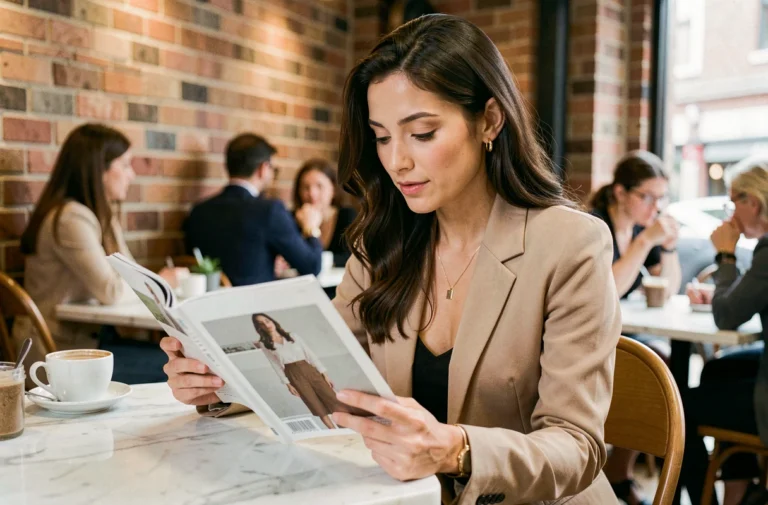 Femme élégante parcourant un magazine de tendances dans un café moderne aux murs en briques apparentes