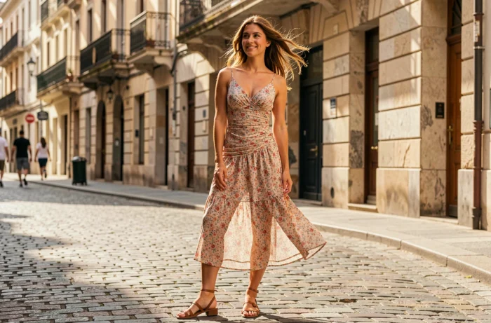 Woman in a mid-length floral dress posing in a cobblestone street of a European city