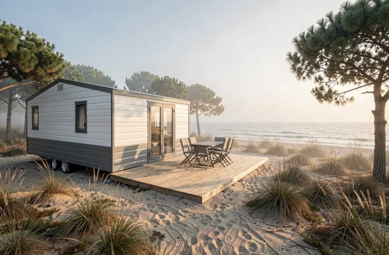 Mobil-home moderne sur terrain de loisir en bord de mer avec terrasse en bois et vue sur l'océan