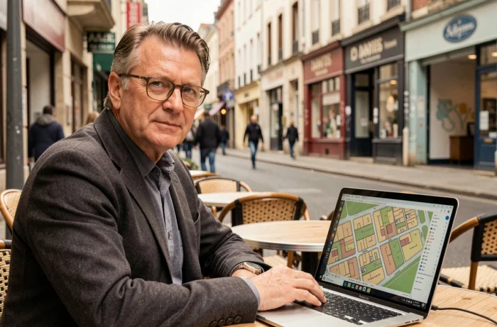 Urbaniste analysant une carte de zonage de quartier sur ordinateur dans un café à Nantes