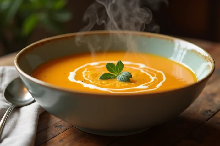 Bol de velouté de légumes mixé sans morceaux, onctueux et fumant, sur une table en bois avec une serviette en lin