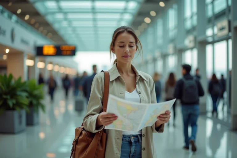Une voyageuse sereine dans un terminal d'aéroport international, consultant une carte papier, symbolisant les voyages sûrs et tranquilles à travers le monde en 2024