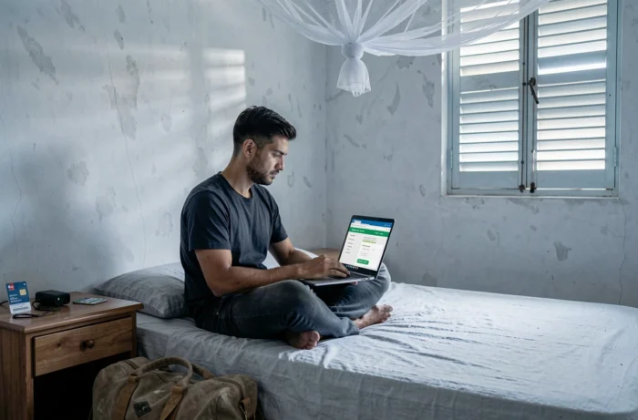 Traveler searching for accommodation online from a guesthouse room during a round-the-world trip