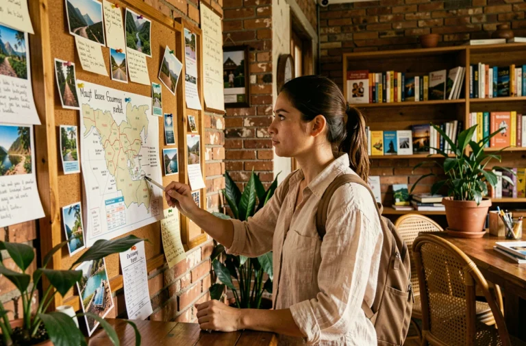 Voyageuse consultant une carte d'hébergement dans un hostel en Asie du Sud-Est lors d'un tour du monde