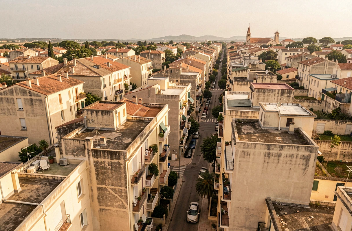 Vue aérienne d'un quartier dense de Montpellier avec immeubles résidentiels et ruelles étroites
