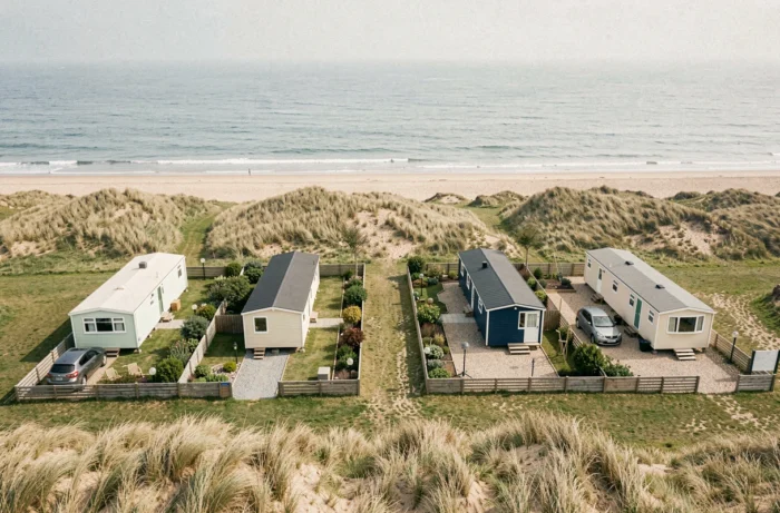 Vue aérienne d'un terrain de loisir avec mobil-homes en bord de plage atlantique